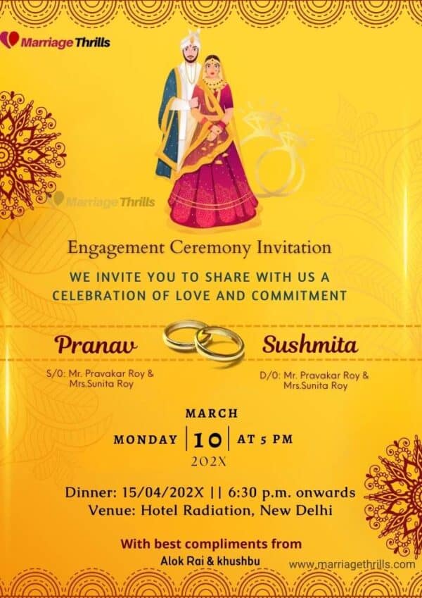 Bright yellow color engagement ceremony invitation