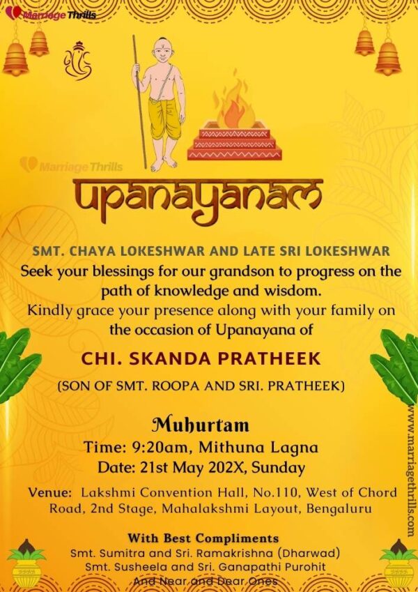 Bright yellow Upnayan Sanskar invitation card